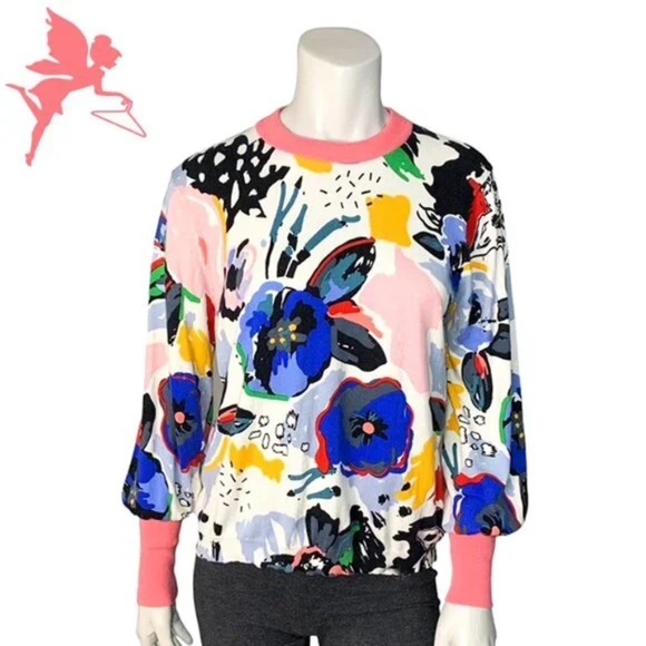 WISPR By Brodie Sz L Pullover Sweater Floral Geometric Silk Blend Knit Stretch - Picture 1 of 9